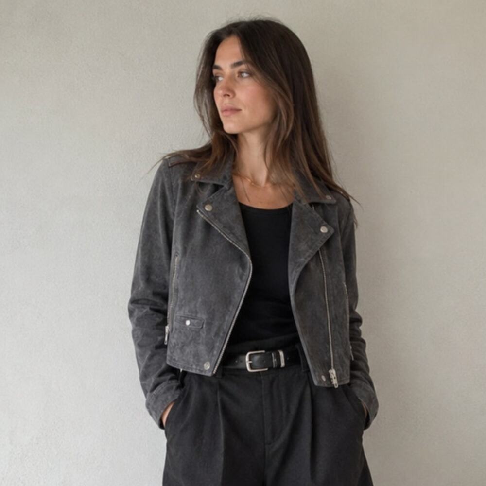 SL8 Blank NYC Gray Suede Leather Moto Biker Zip Cropped Jacket, size XS